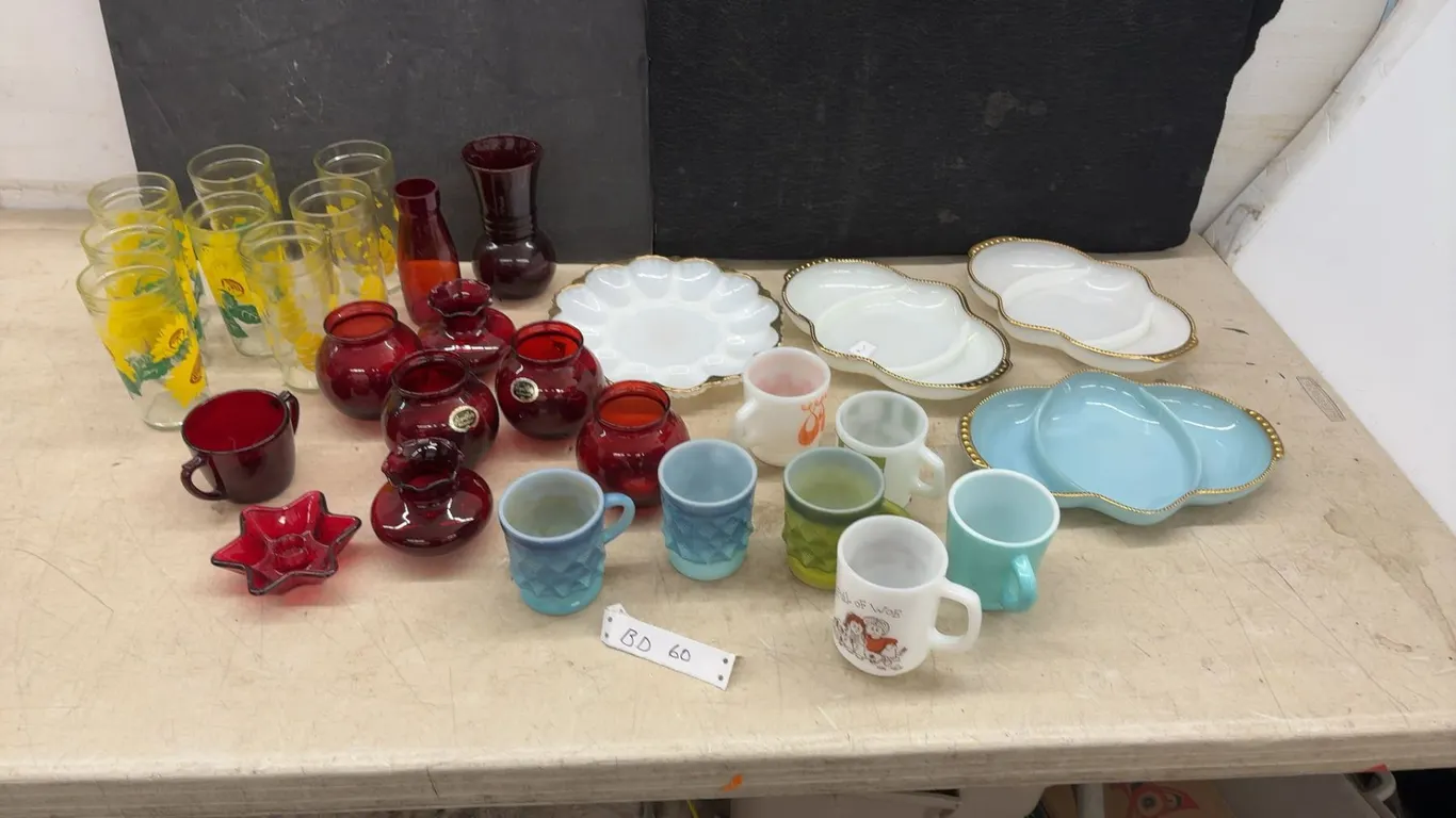 Vintage Anchor Hocking Mid-Century Lot: Ruby Red Vases, Fire King Mugs, Jars, Platters