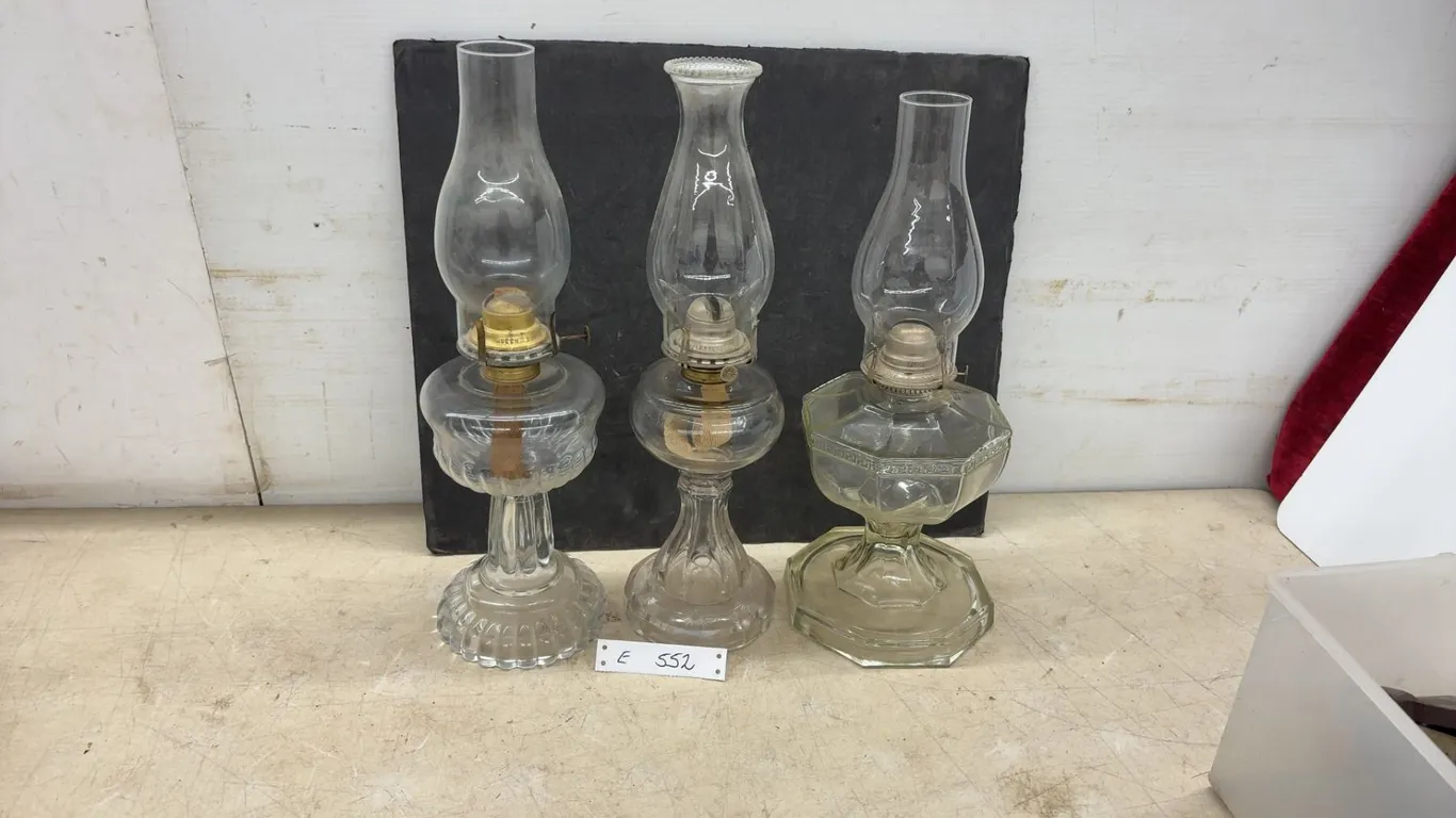 Three Clear Glass Kerosene Oil Lamps With Chimneys
