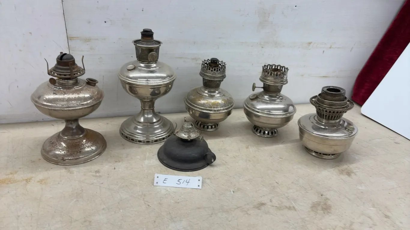 Six Vintage Kerosene Oil Lamp Fonts Including Aladdin, No Chimneys