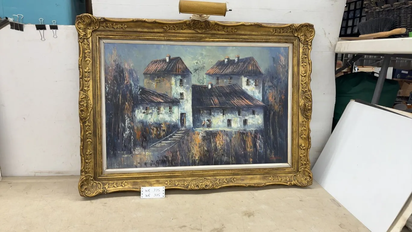 Euro Oil Painting on Canvas, European Village Scene, Signed, R.Morenno, Ornate Gilt Frame With