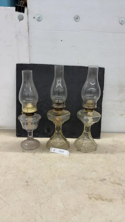 3 Vintage Clear Glass Kerosene Oil Lamps With Brass Burners and Glass Chimneys