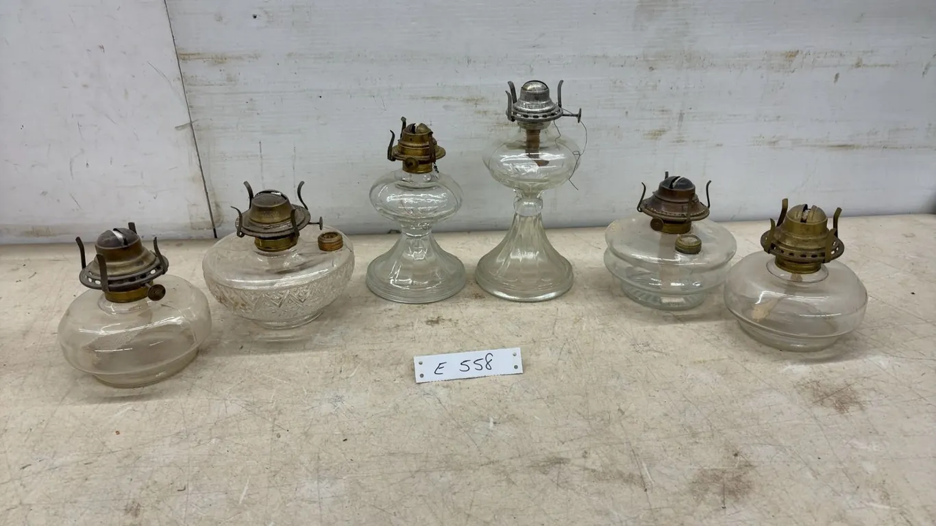 Six CGlass Oil Lamps With Brass Burners, No Chimneys, Two Lamps only have 3 Prongs