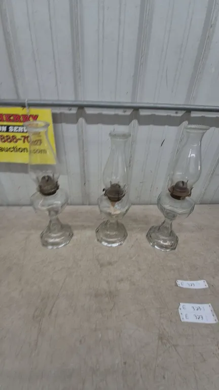 Three Clear Glass Kerosene Lamps with Chimneys and Wicks