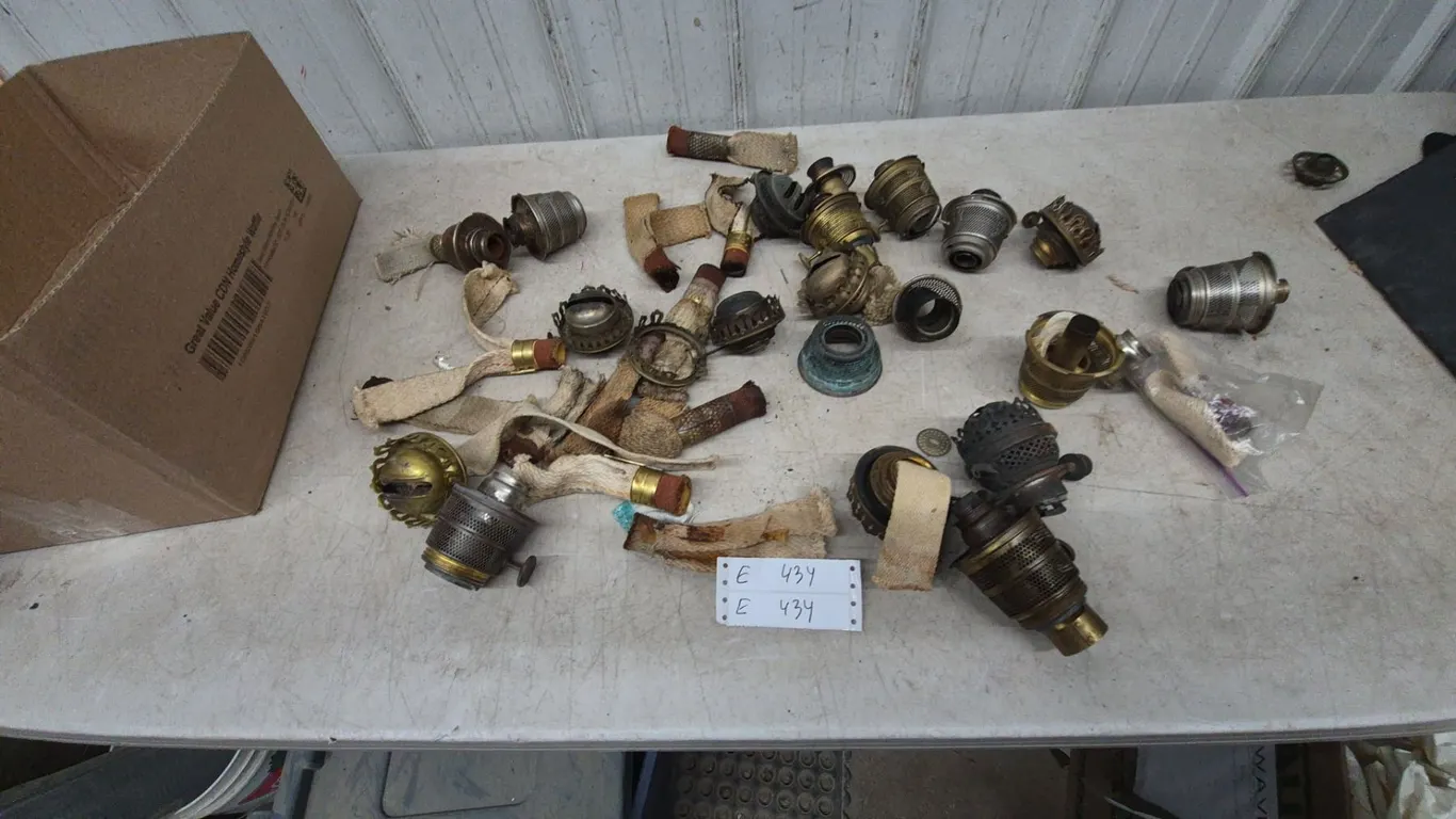 Assorted Oil Lamp Burners and Wicks, Brass and Metal, Various Styles and Sizes