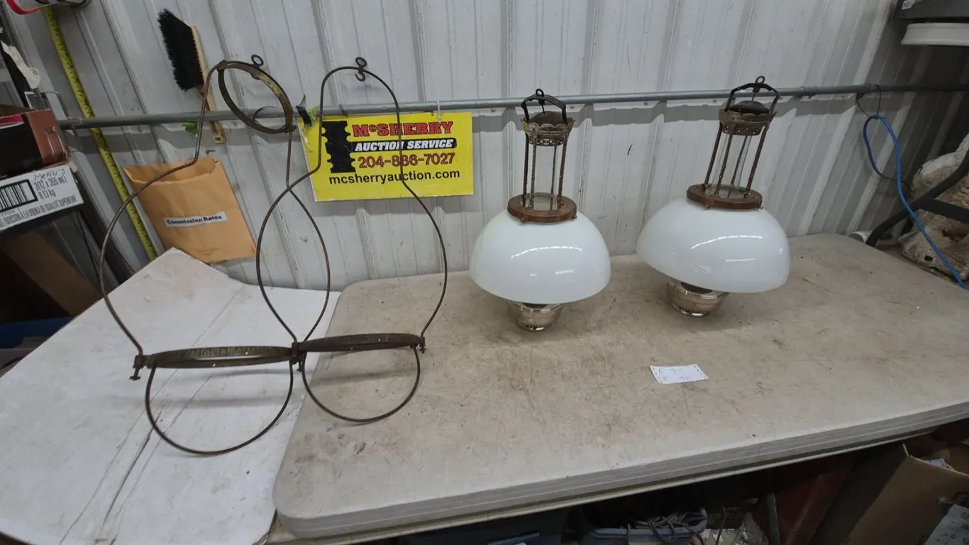Two Antique Hanging Kerosene Lamps with Milk Glass Shades and Metal Frames, and Wire Spectacles