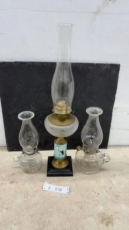 Antique Queen Anne Kerosene Lamp With Stork Motif and Two Clear Glass Finger Oil Lamps