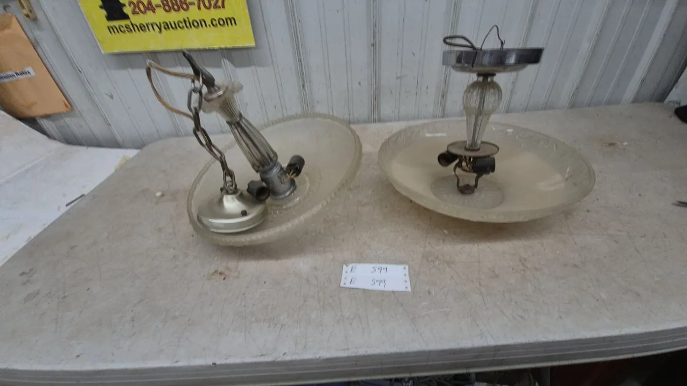 Two Vintage Ceiling Light Fixtures: One Hanging and One Flush Mount, Both with Frosted Glass Shades
