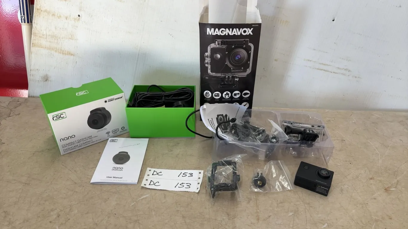 Magnavox 1080P Action Camera and RSC Nano Compact Dashcam, Cables, Mounts