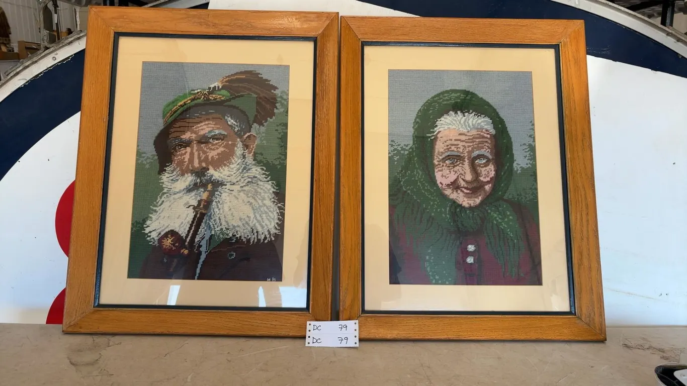 Pair of Framed Needlepoint Portraits: Man with Pipe and Woman in Scarf 22 × 28