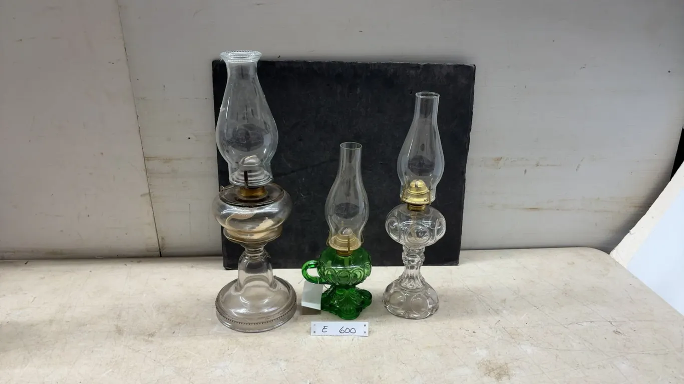 Three Glass Kerosene Lamps with Chimneys