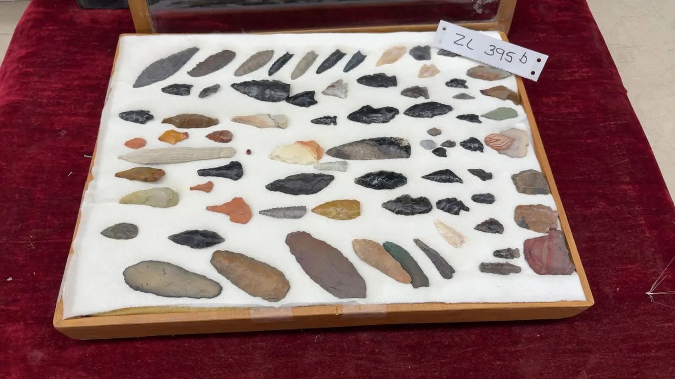 Collection of Prehistoric Artifacts, Arrowheads, Stone Tools, Points and Flakes in Wooden Display