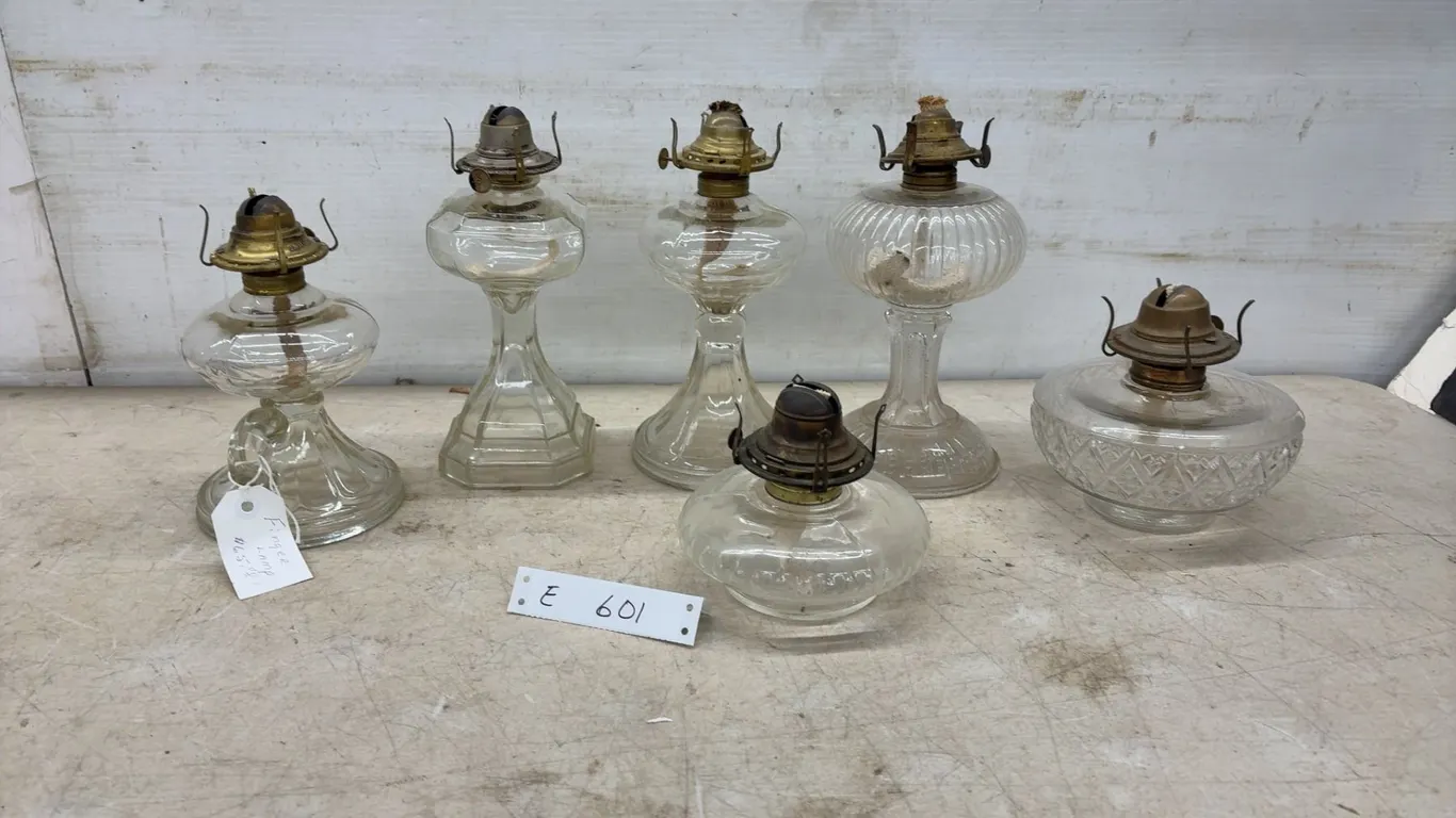 Six Glass Oil Lamps with Brass Burners, No Chimneys