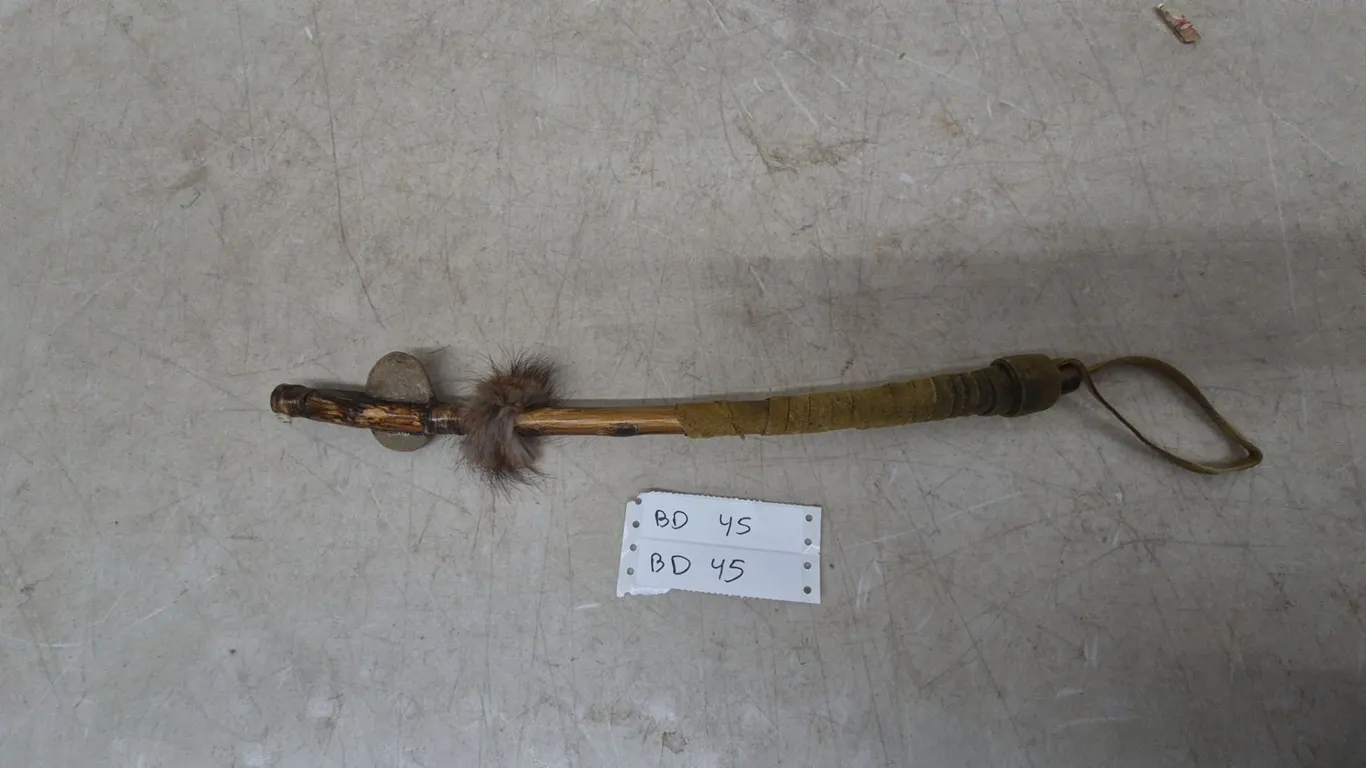 First Nations-Style Wood and Fur Tomahawk with Stone and Leather Wrap