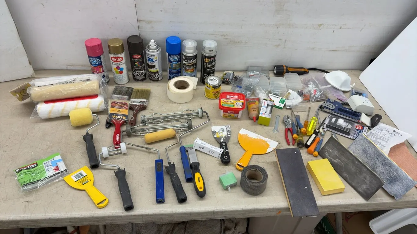 Painting Supplies, Spray Paint (25 -50% Full), Rollers, Brushes, Scrapers, Hand Tools, Tote