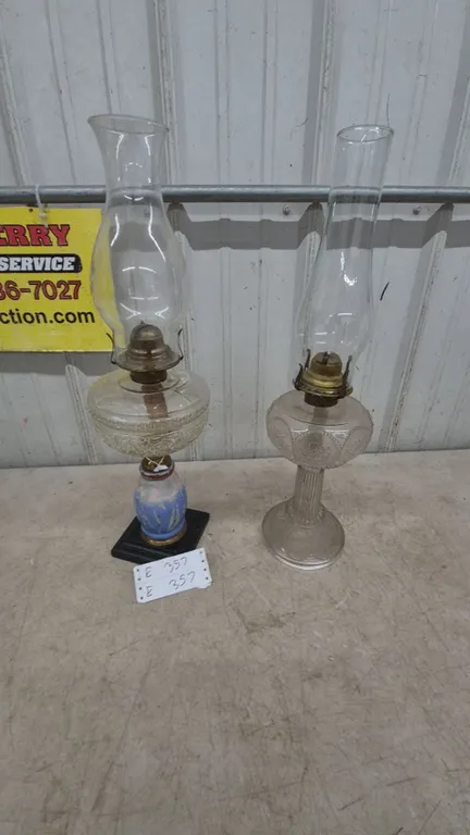 Two Kerosene Lamps: One parlour with Blue and White Painted Base, One Clear Glass Base