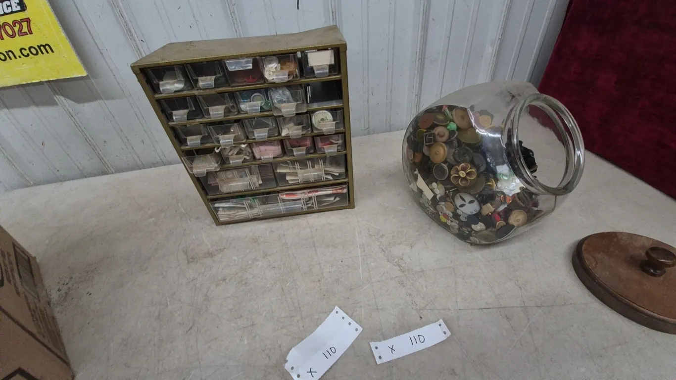 Vintage Button Collection: Multi-Drawer Organizer with Clear Bins and Large Glass Jar of Buttons