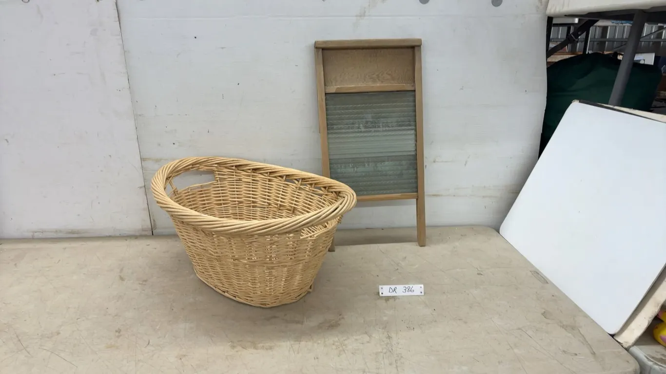 Vintage Wooden Washboard with Corrugated Glass Surface and Wicker Laundry Basket