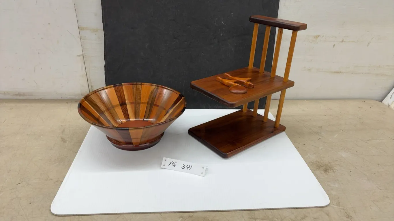 Handmade Roatan Honduras Mahogany, Rosewood Bowl and Adjustable Wooden Book Rack by Alex Seymour