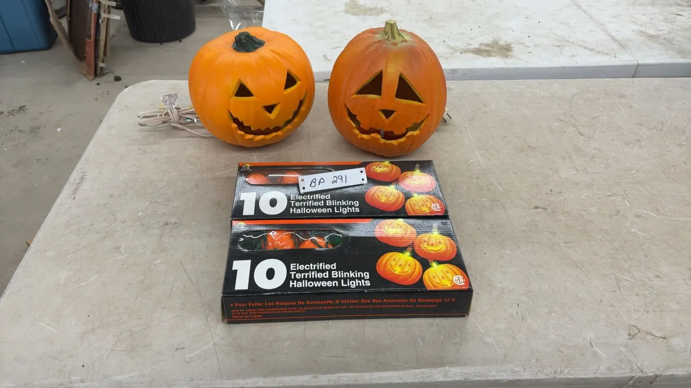 Two Foam Blow Molds Jack-O'-Lanterns 10” and 9” High and Two 10-Count Electrified Terrified