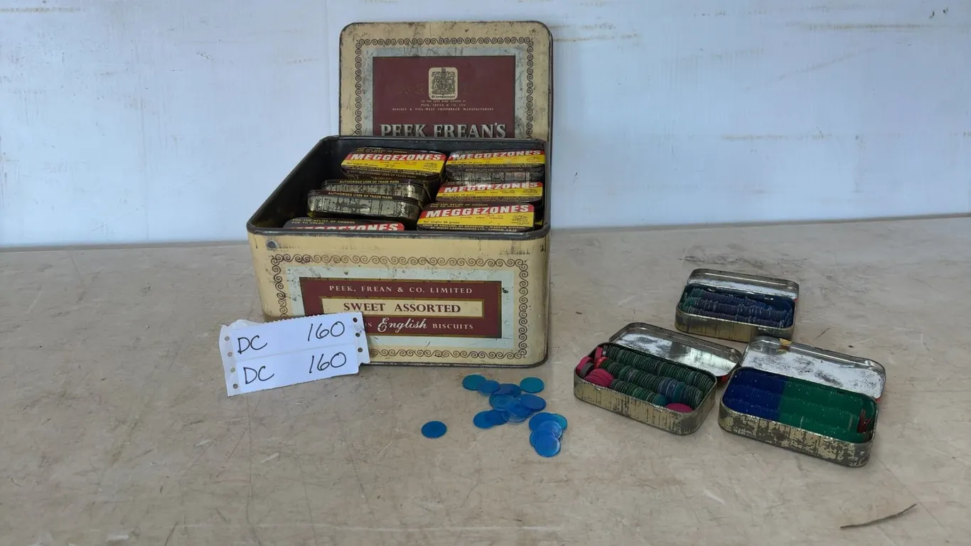 Peek Frean's Biscuit Tin with Meggezone Tins full of Bingo Chips