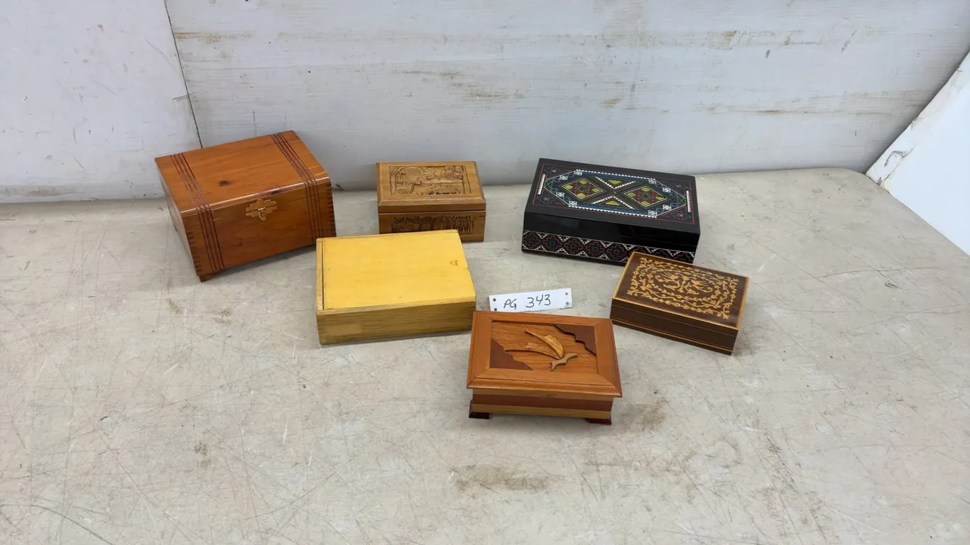 Six Wooden Keepsake Boxes, Cedar Lined, Dovetail, Carved
