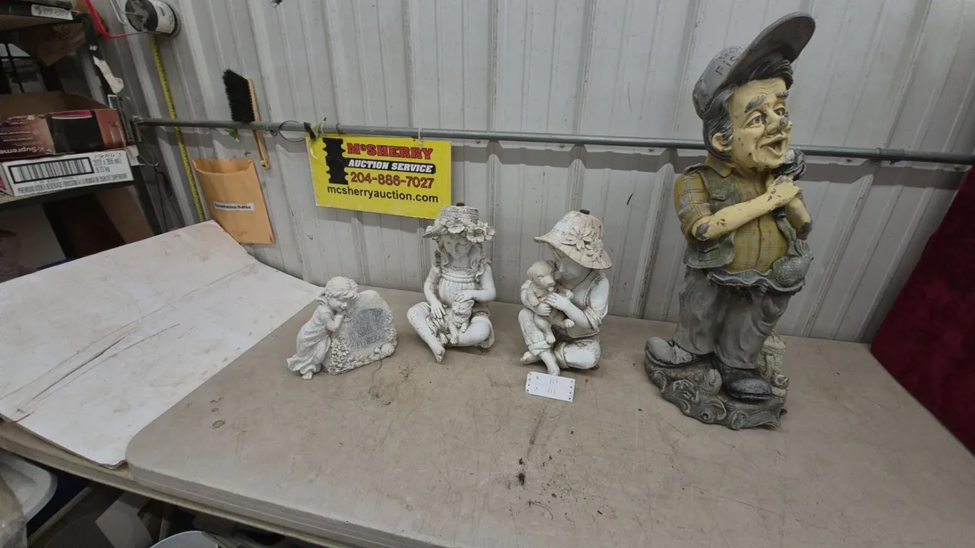 4 Assorted Garden Statues: Fisherman, Girl with Puppy, Girl with Kitten, and Angel. Biggest 33”