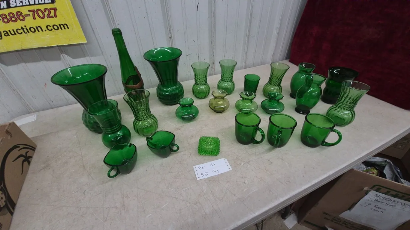 Assorted Green Glassware: Vases, Bottles, Mugs