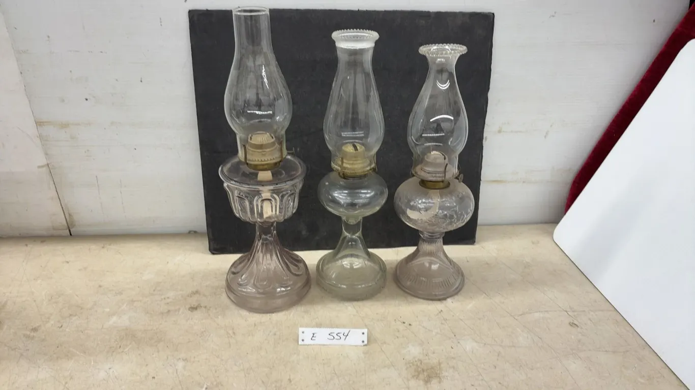 Three Antique Glass Kerosene Lamps with Chimneys, Late 19th to Early 20th Century