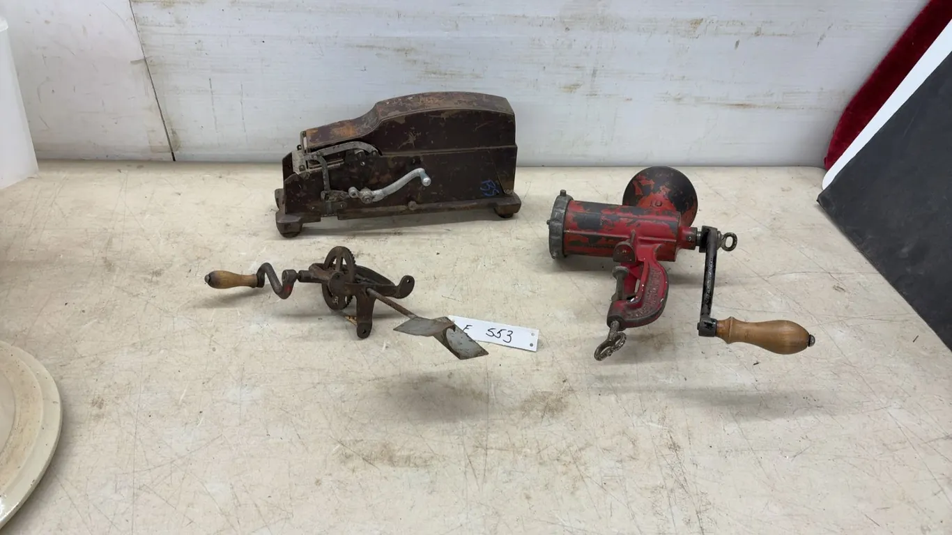 Vintage: Meat Grinder Patented 1899, Butcher’s Tape Dispenser and Hand Mixer