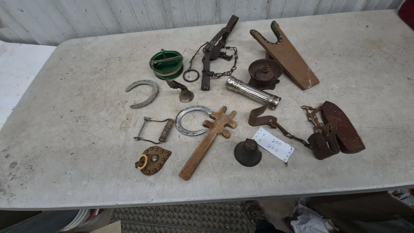 Assorted Vintage Farm and Household Items: Boot Jack, Traps, Horseshoes, Bells