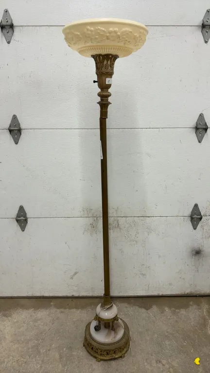 Vintage Ornate Brass Torchère Floor Lamp with Marble Base and Embossed Floral Glass Shade, 65” Tall
