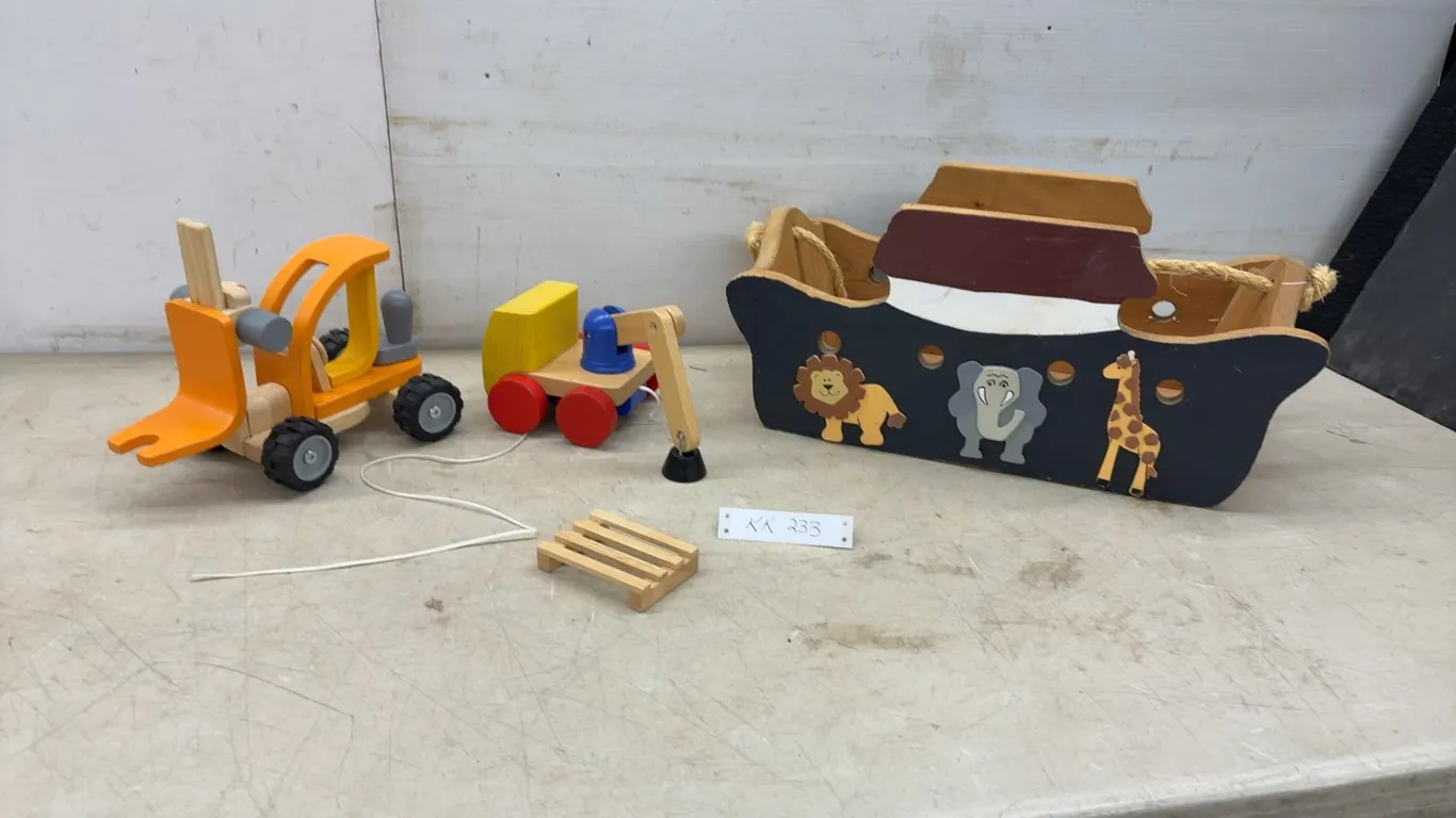 Wooden Toy Lot; Noah's Ark Storage Boat 9 × 20 × 10” Forklift, Crane Cart, and Pallet