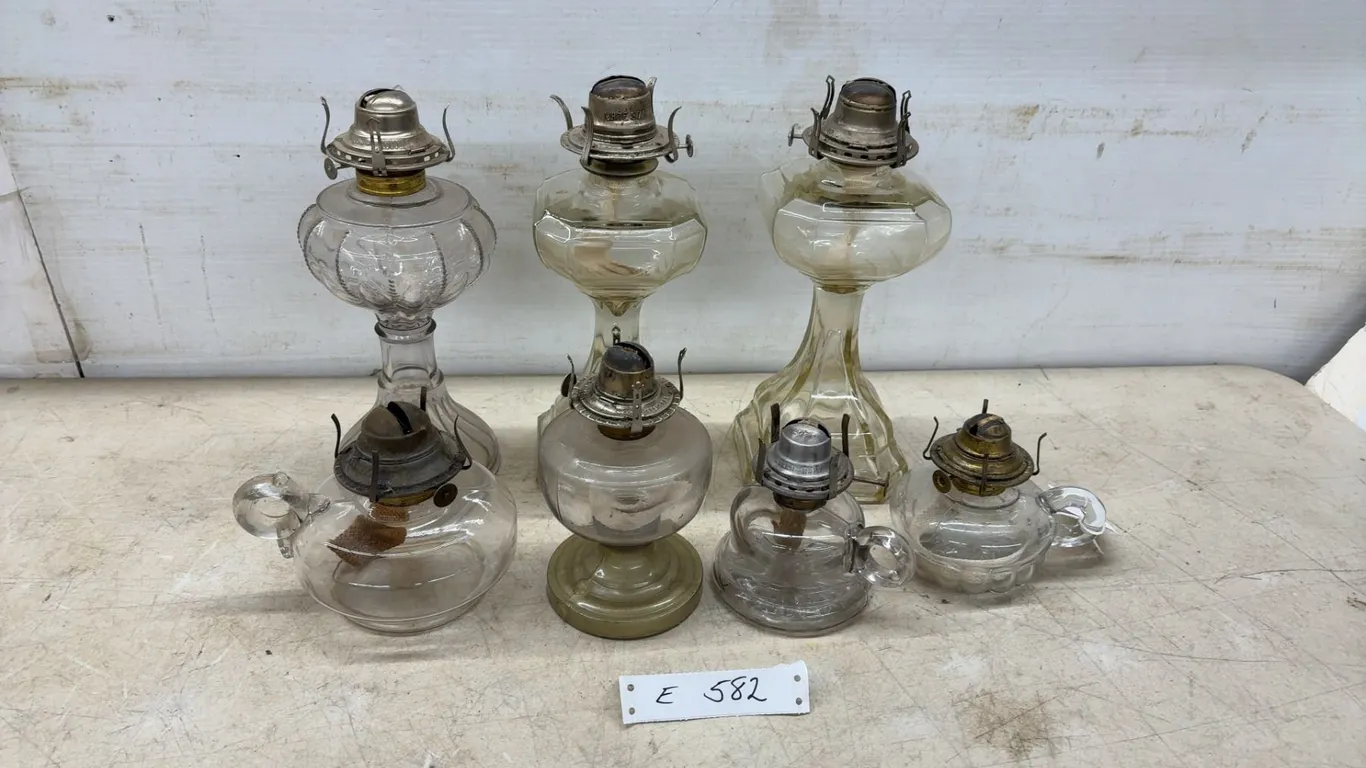 Glass Kerosene Oil Lamps With Metal Burners, Pedestal and Finger Styles, Set of 7, Missing Chimneys