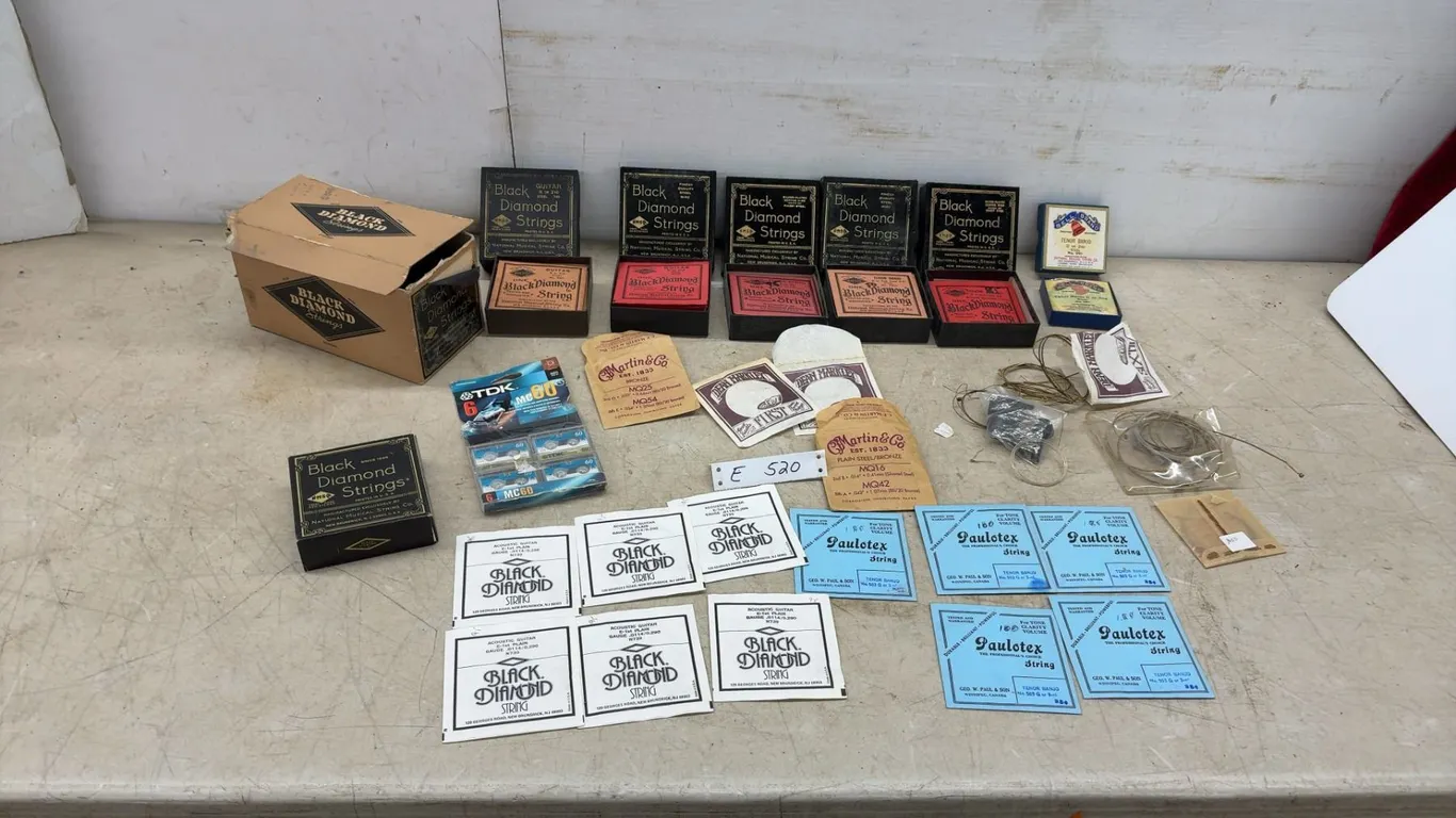 Vintage Black Diamond, Paulotex, Martin and Co. and Dean Markley Guitar and Banjo Strings, Drum
