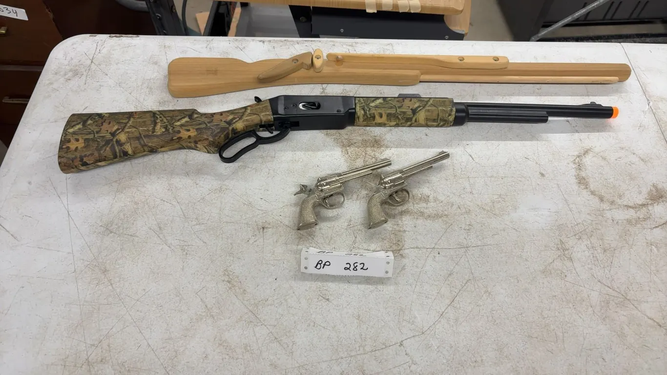 Wooden Gun, Plastic Gun, and 2 Cap Guns, One Cap Gun Missing Hammer