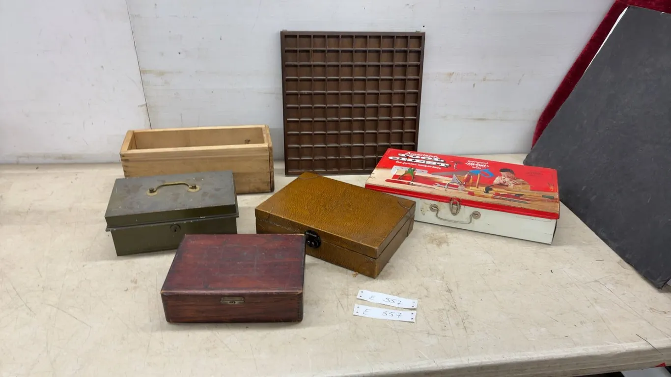 Vintage American Toy and Furniture Co. Junior Carpenters Tool Chest, Display Case, and Wooden Boxes