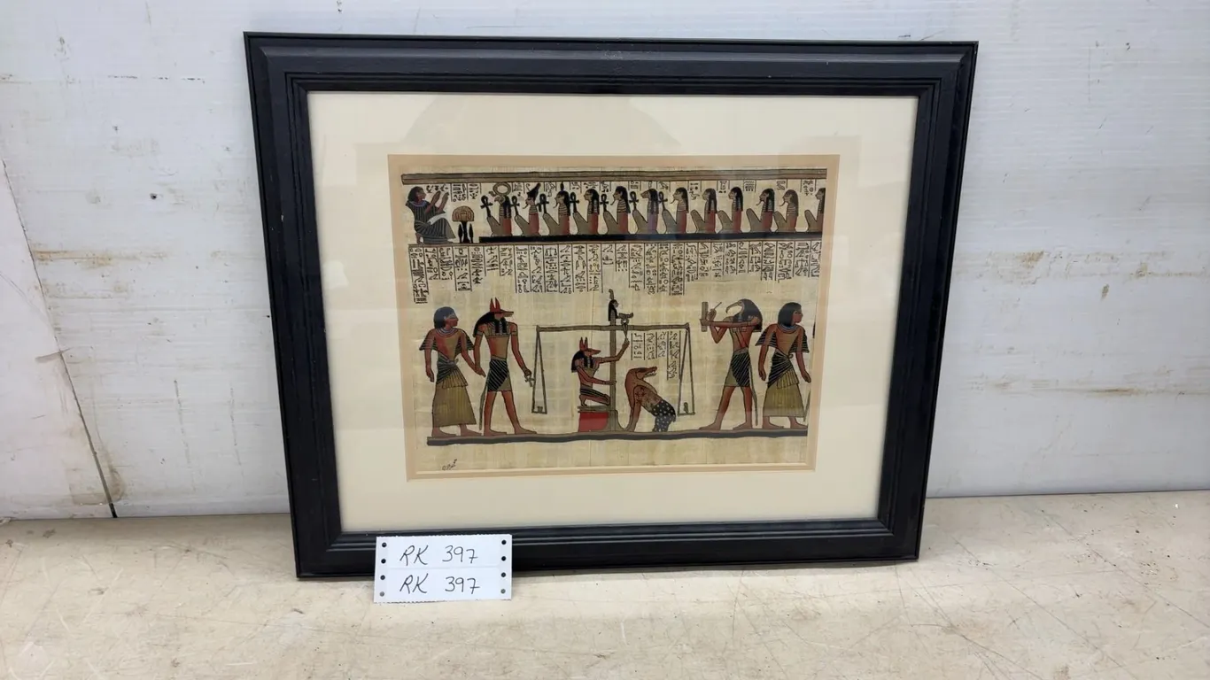 Framed Egyptian Hand-Painted Papyrus Artwork, "Weighing of the Heart" Ceremony, Signed