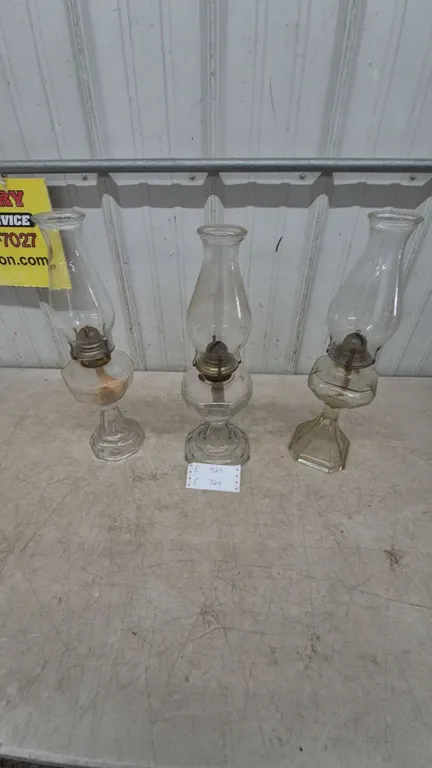 Three Glass Oil Lamps with Chimneys and Burners