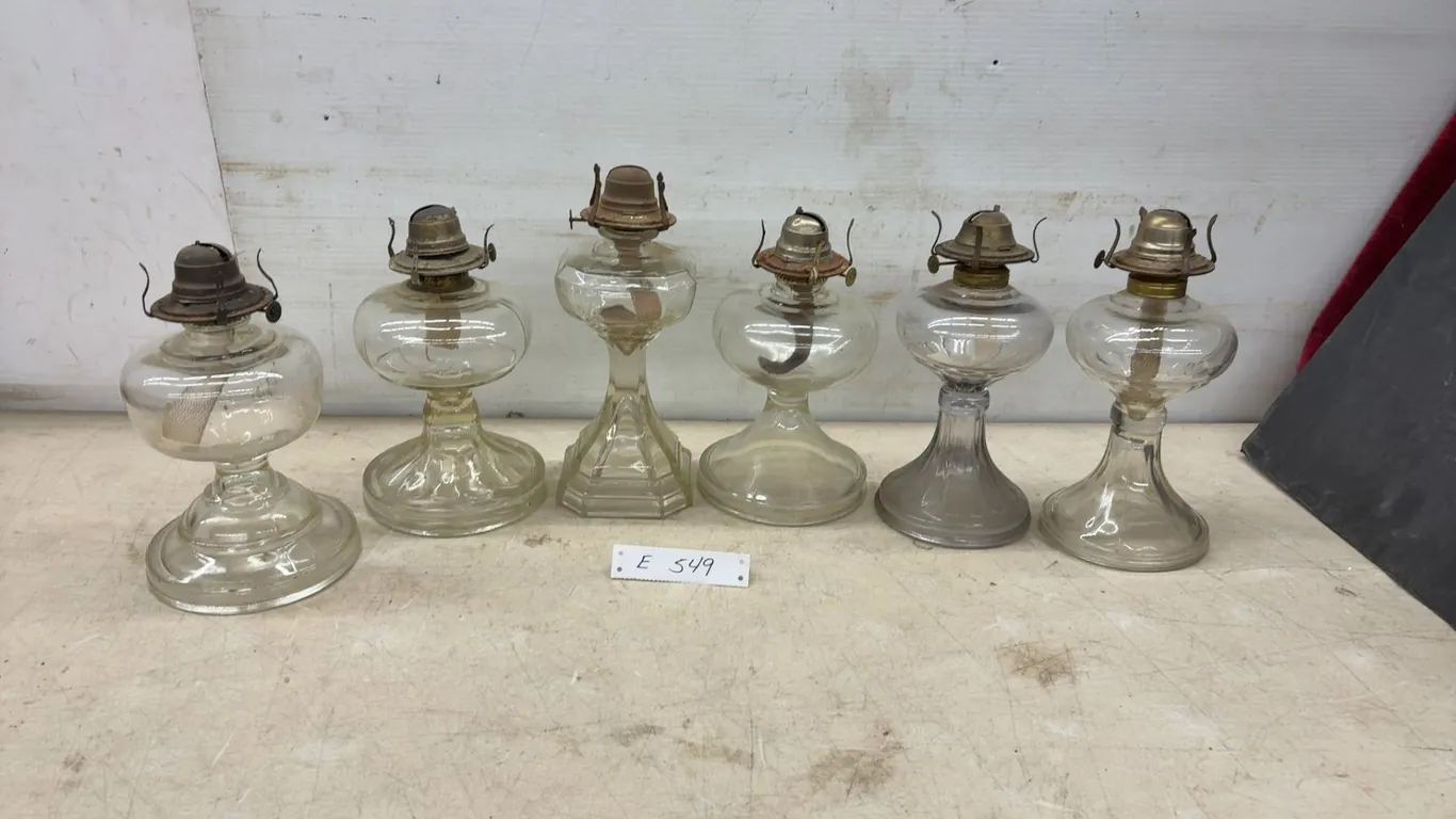 Six Clear Glass Kerosene Oil Lamps With Metal Burners and Wicks, No Chimneys