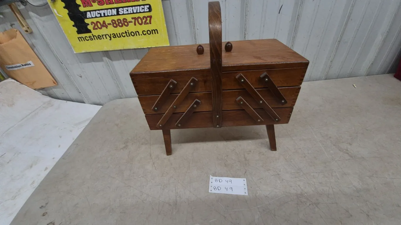 Vintage Wooden Sewing Box with Contents: Spools of Thread, Pins, Ribbons