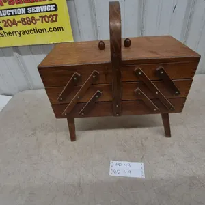 Vintage Wooden Sewing Box with Contents: Spools of Thread, Pins, Ribbons