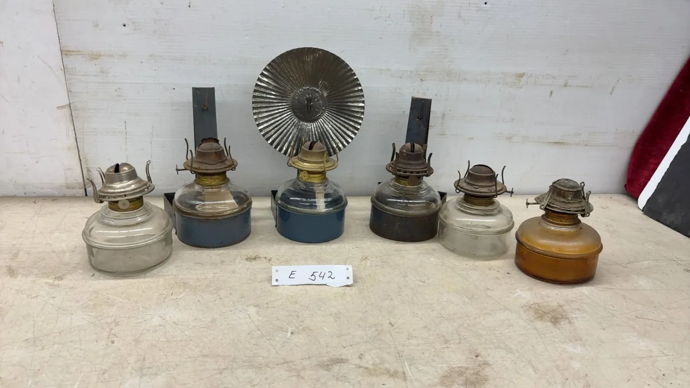 Collection of Six Vintage Kerosene Oil Lamp Founts With Burners and Three Wall Brackets, No