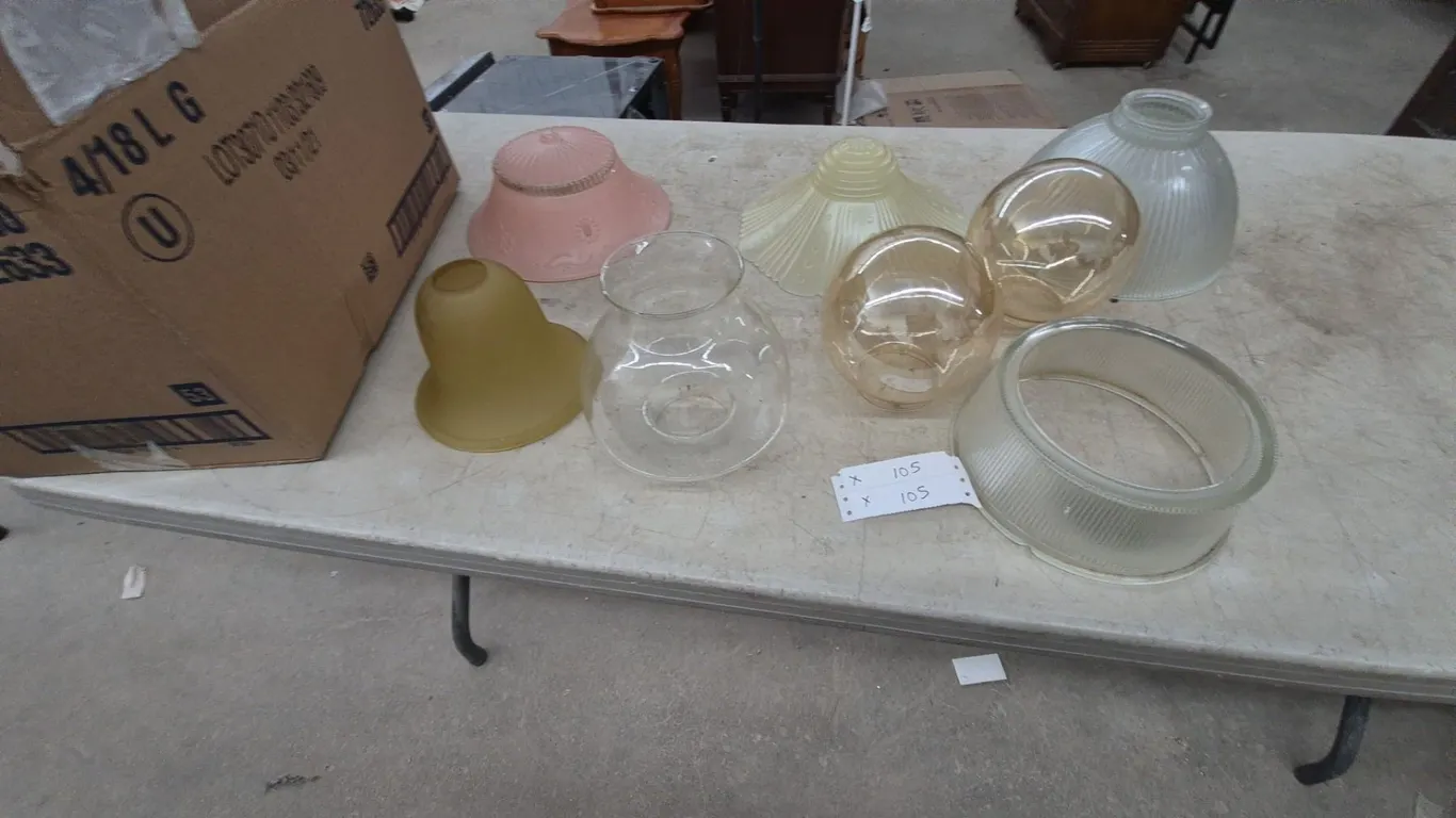 Assorted Glass Light Shades: Pink, Yellow, Clear Ribbed, and Amber Globes