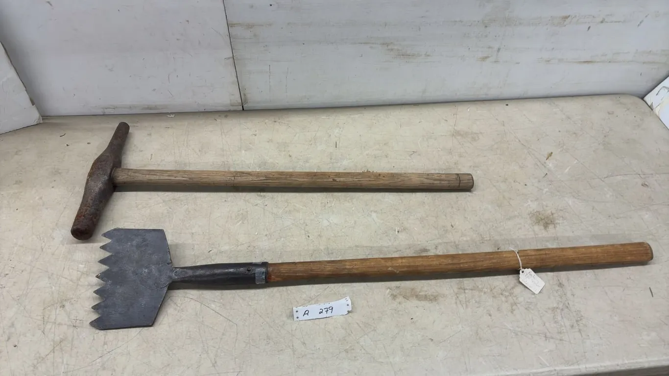 Antique Railway: Spike Driver and Toothed Ice Scraper with Wooden Handles