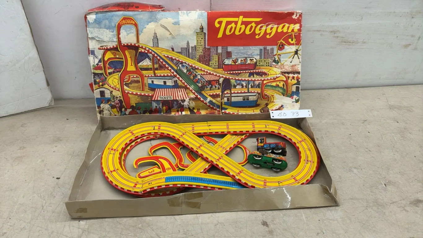 Vintage 1950s Schuco West German Tin Toy "Toboggan" Roller Coaster with Wind-Up Cars, in Box