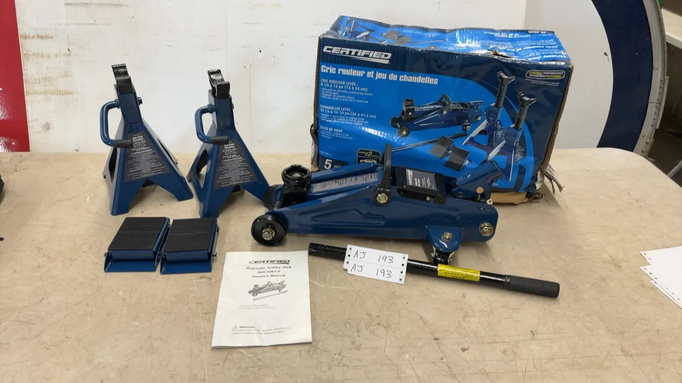 Certified Trolley Jack and Axle Stand Combo Kit, 2-Ton Capacity, with Wheel Chocks and Manual