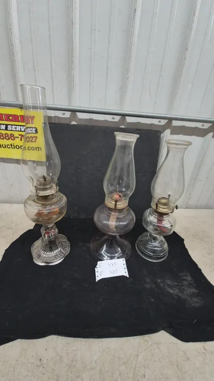 Three Clear Glass Kerosene Lamps with Chimneys and Wicks