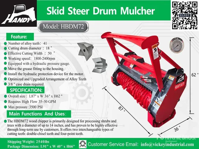 2026 Handy HBDM72-G 72 in Drum Skid Steer Mulcher (Unused)