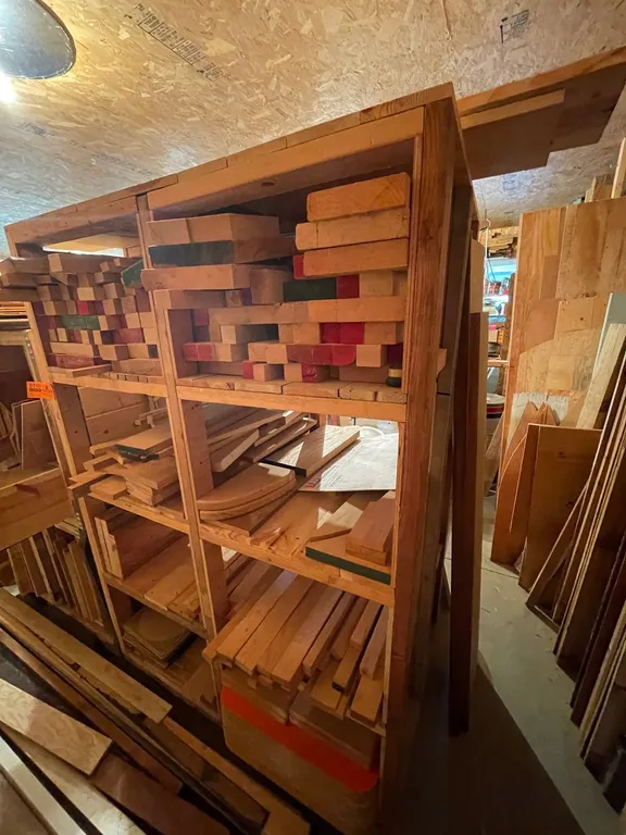 Lumber Rack with Oak Boards on Casters