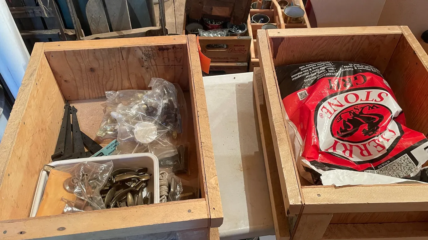 (4) Large Bins of Cabinet Handles, Chicken Grit, Wood & Assorted Hardware